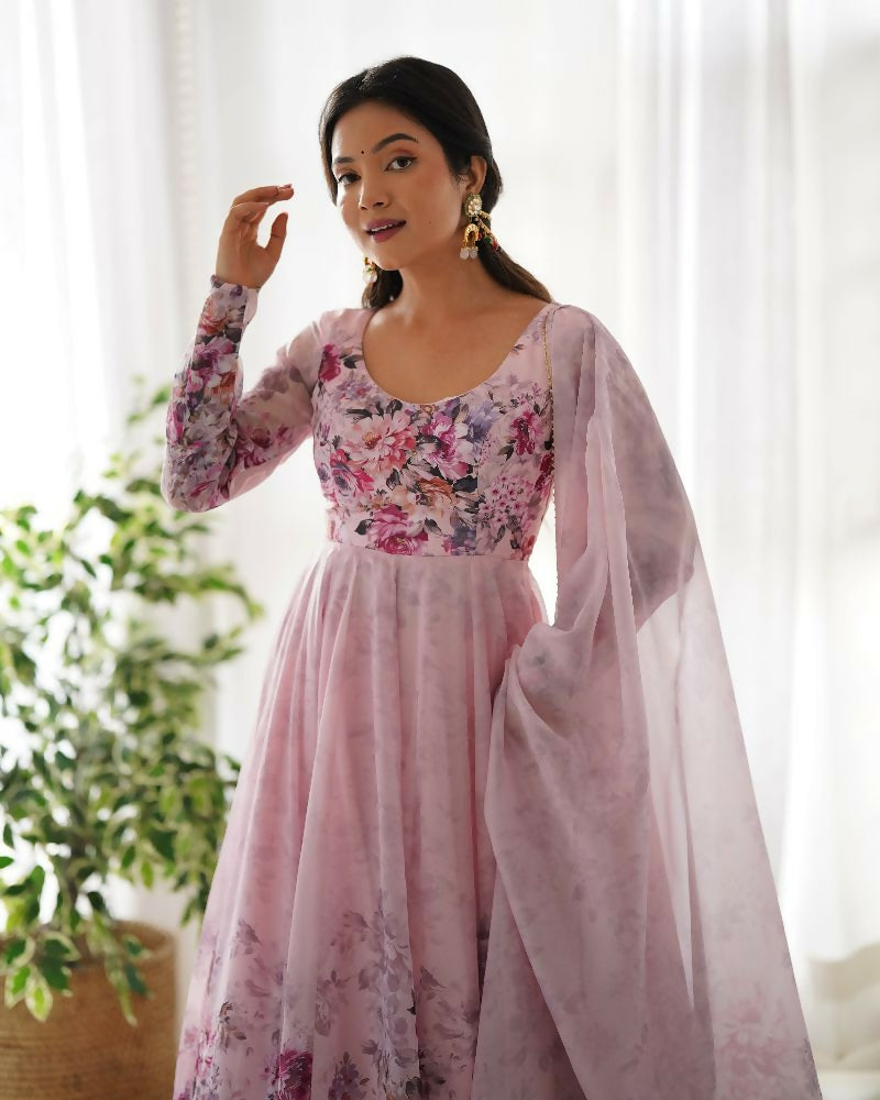 Pink Organza Kurta Set with Sequin Embroidery for Women