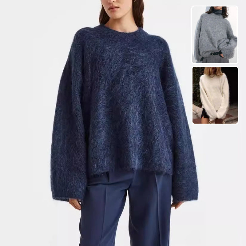 Minimalist long sleeve knit pullover sweater in navy blue, grey, or white with a round neckline.