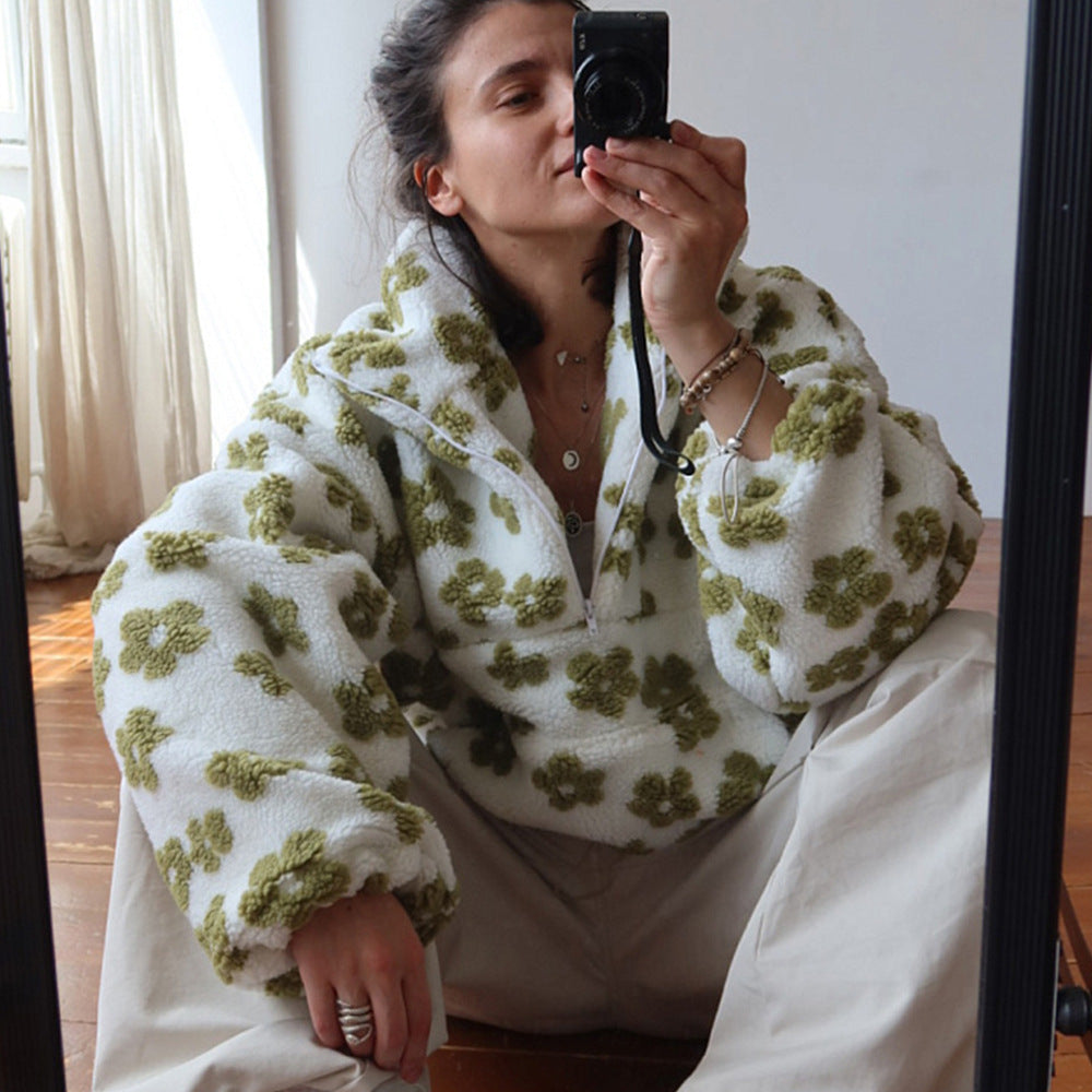 Winter Flowers Fleece Pullover Womens Cozy Zip Up Floral Sweatshirt - Image 4