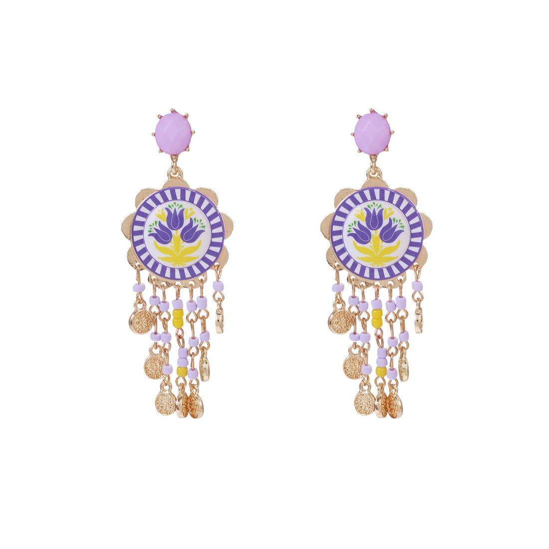 Waterfall Tassel Tulip-Print Earrings, Bohemian Statement Jewelry