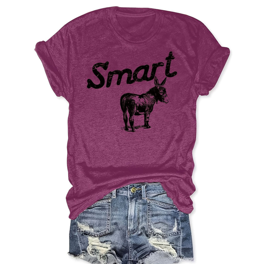 Women's Round Neck Short Sleeve T-Shirt Grey Donkey Graphic Tee