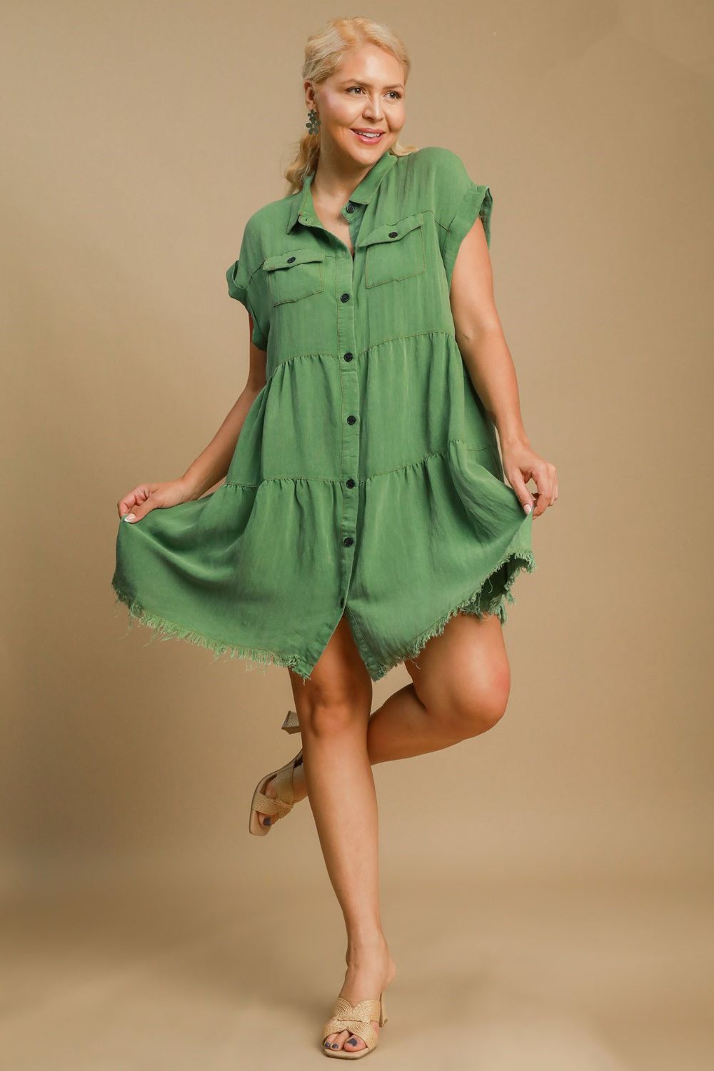 Green Denim Button-Down Shirt Dress Casual Bohemian Midi