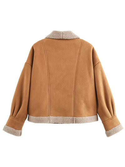 Women’s Fuzzy Collared Long Sleeve Jacket with Button Closure