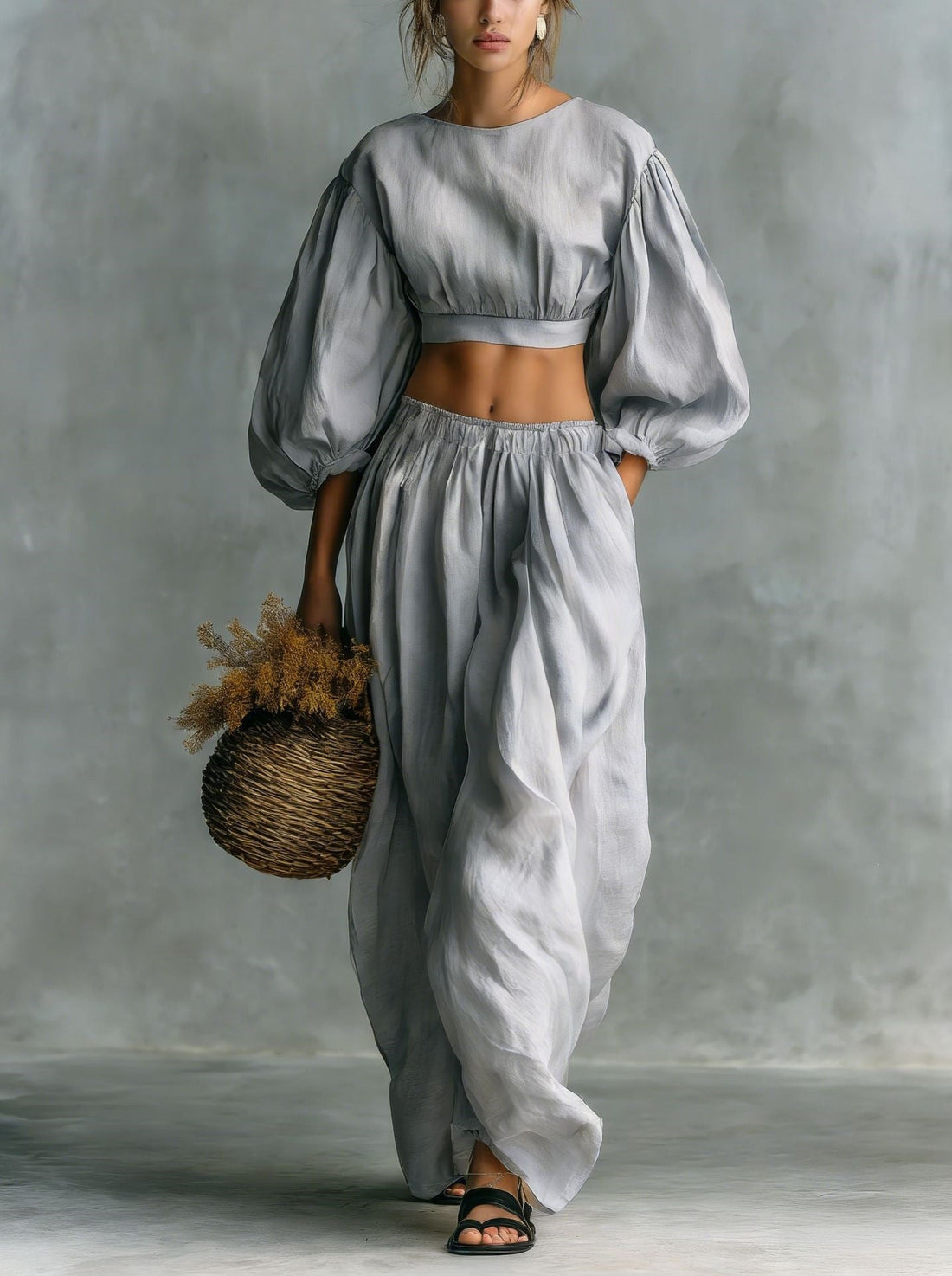 Women's Puff-Sleeve Cropped Two-Piece Set with Pocket Trousers - Image 8