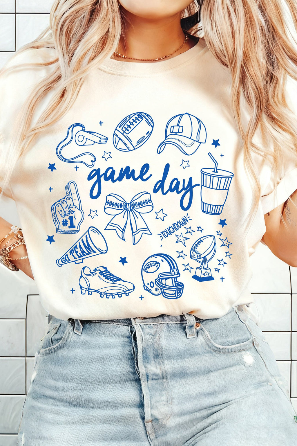 White Game Day Doodle Printed Graphic T-Shirt