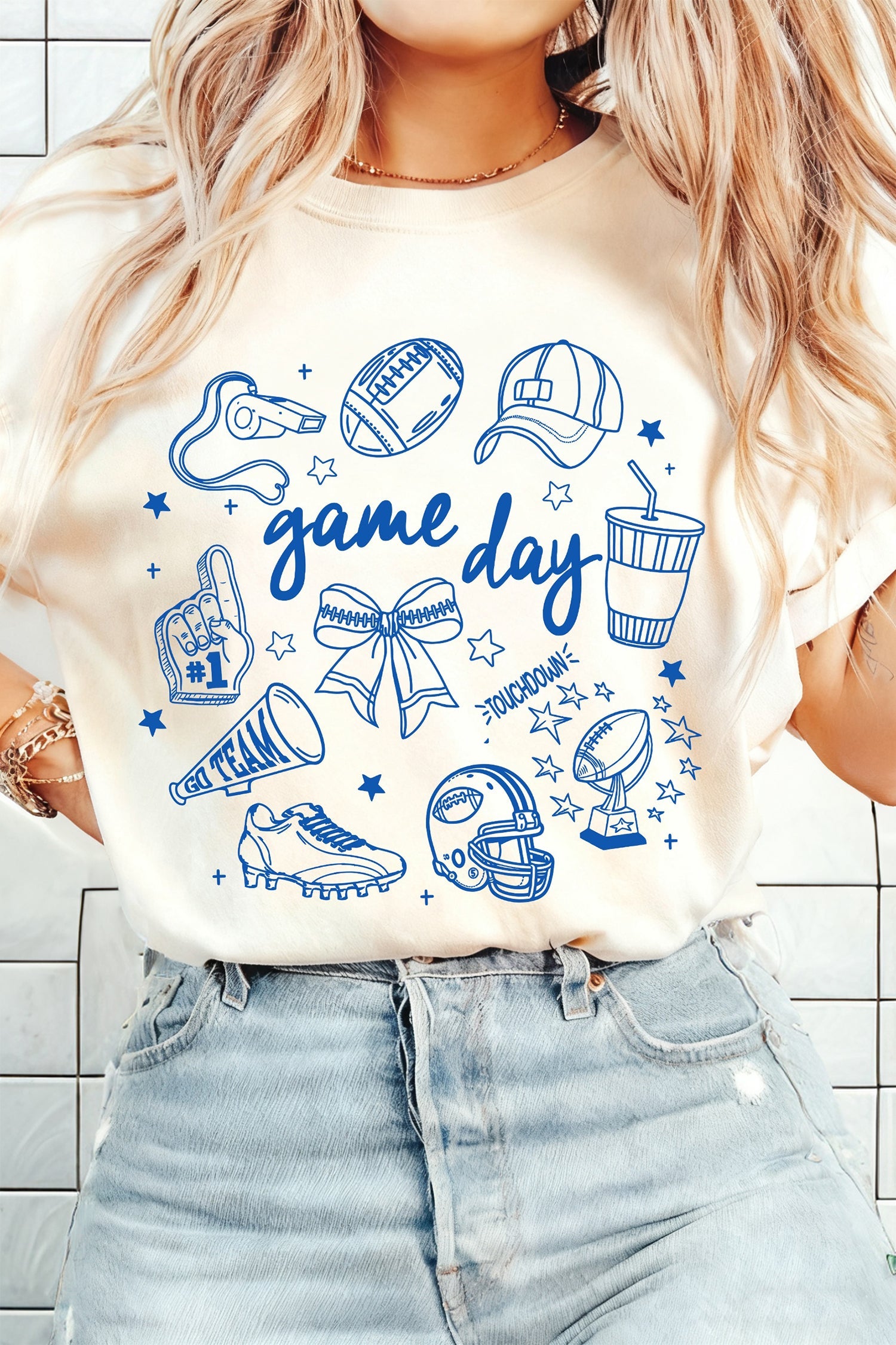 White Game Day Doodle Printed Graphic T-Shirt
