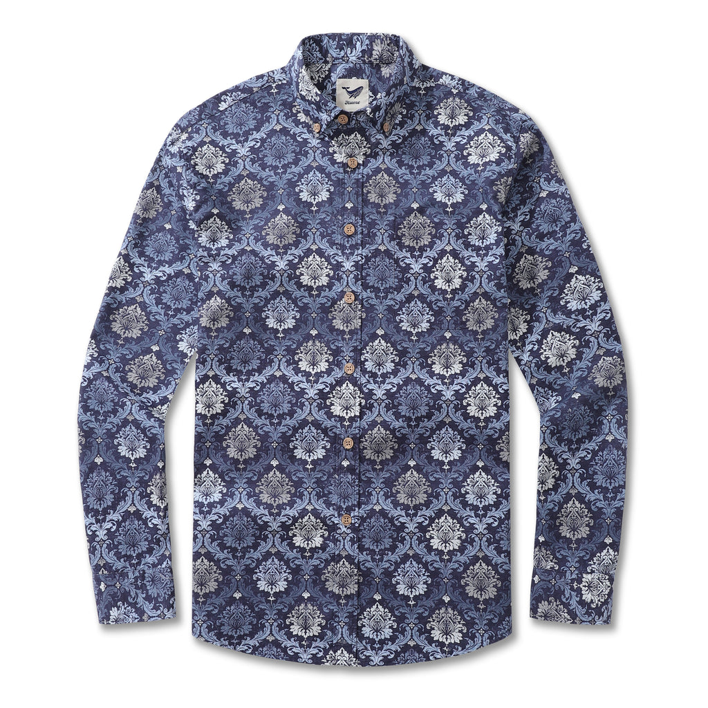 Long sleeve button-down shirt with an irregular blue gradient pattern.