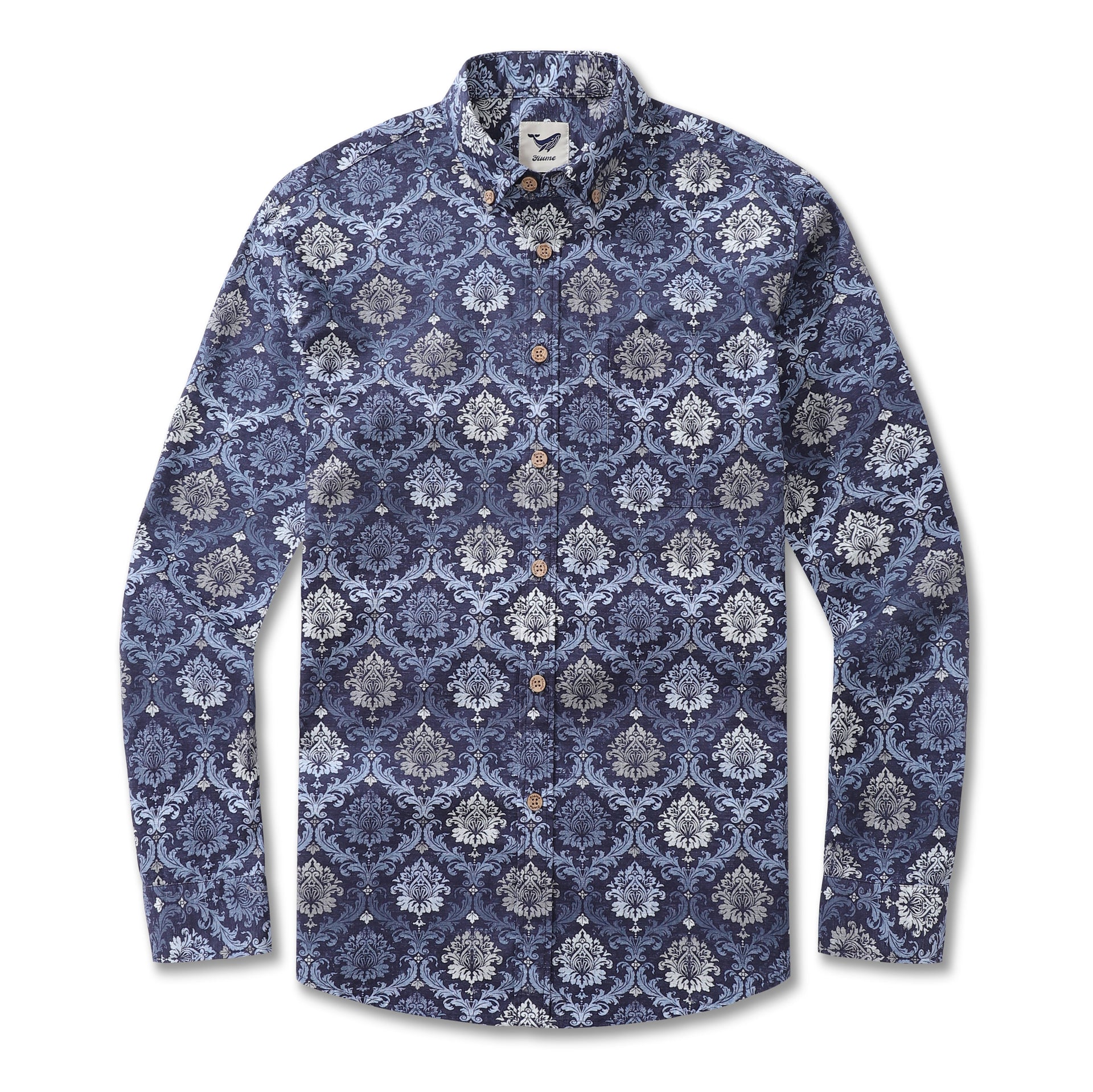 Long sleeve button-down shirt with an irregular blue gradient pattern.