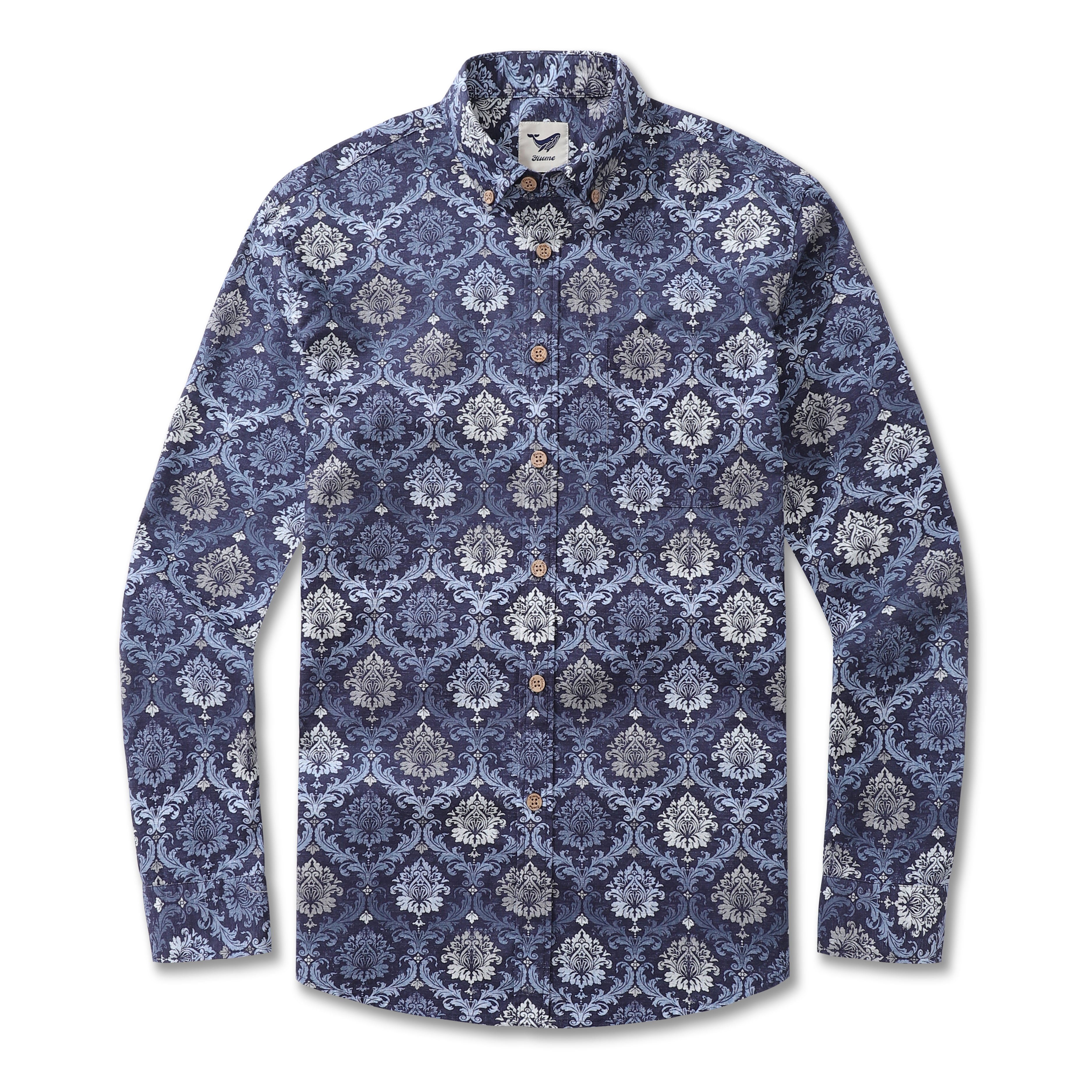 Long sleeve button-down shirt with an irregular blue gradient pattern.