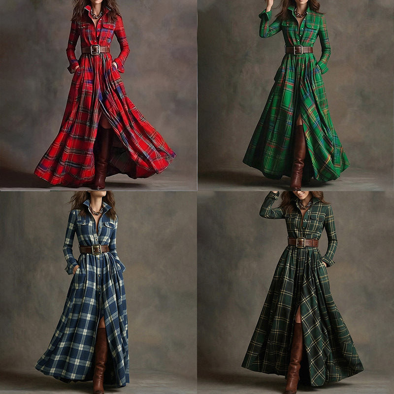 Women's Plaid Lapel Maxi Shirt Dress with Belted Waist - Image 3