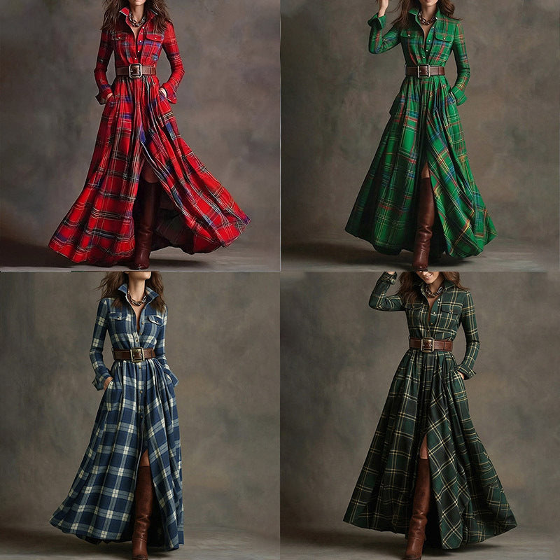 Women's Plaid Lapel Maxi Shirt Dress with Belted Waist - Image 3