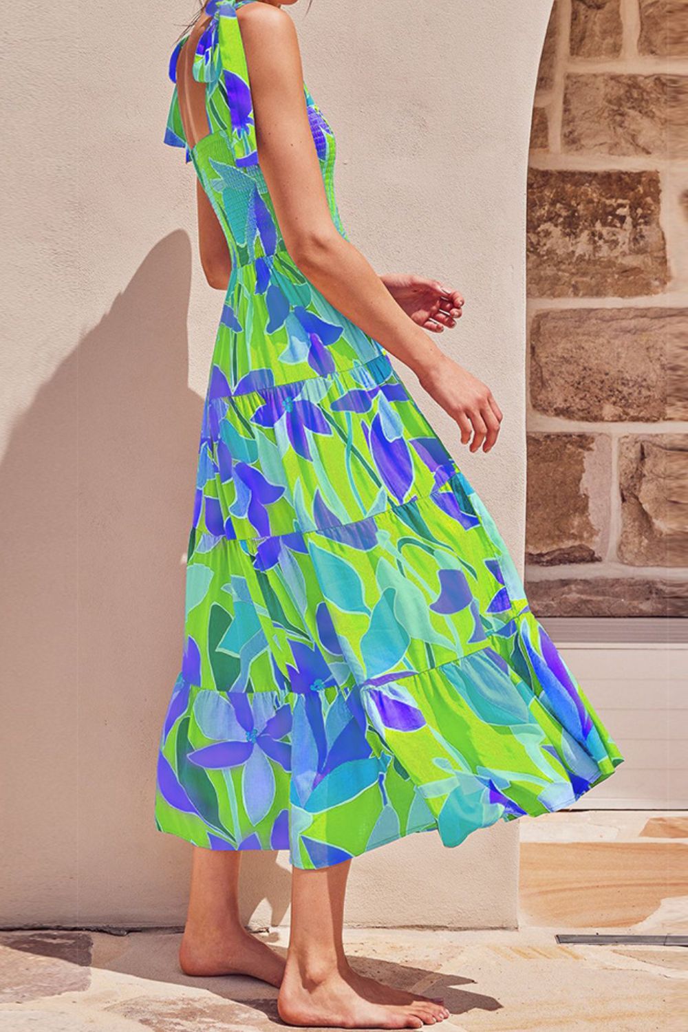 Floral Tie-Shoulder Smocked Midi Dress for Vacation