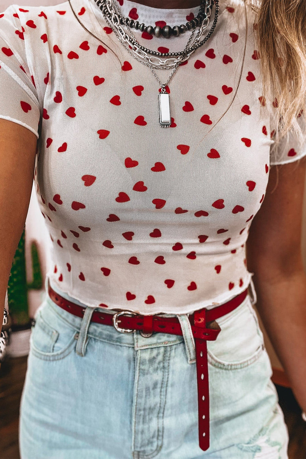 White Red Allover Heart Print Mesh Short Sleeve Crop Top