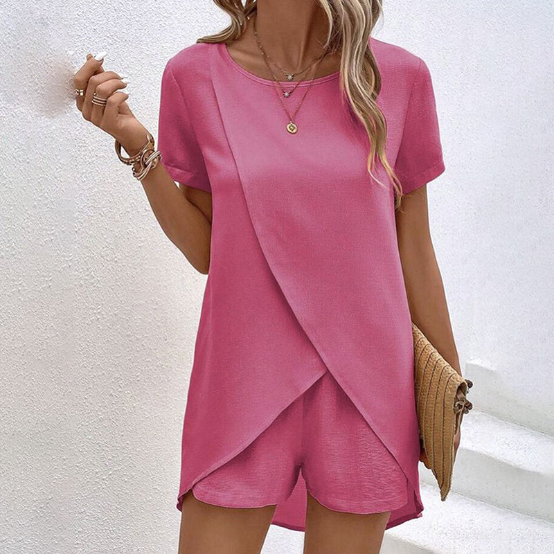 Women's Short Sleeve Wrap Top and Elastic Waist Shorts Lounge Set - Image 14