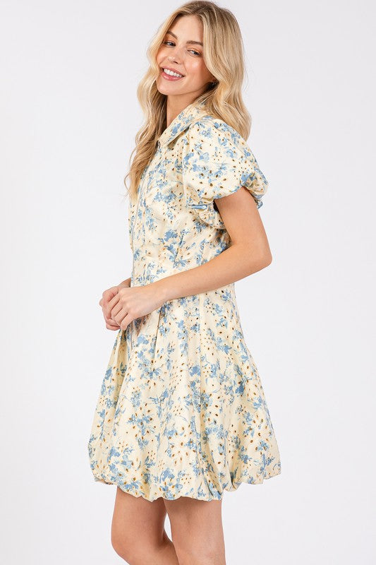 Floral Eyelet Zipper Front Puff Sleeve Mini Dress