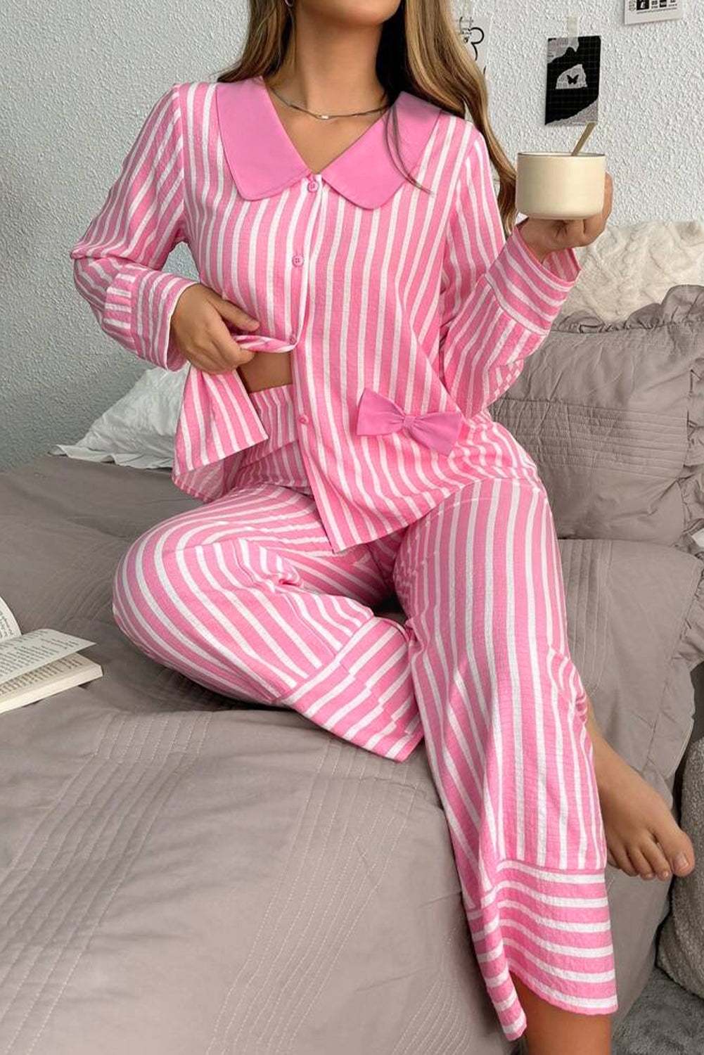 Adora Pink Striped Peter Pan Collar Pajama Set