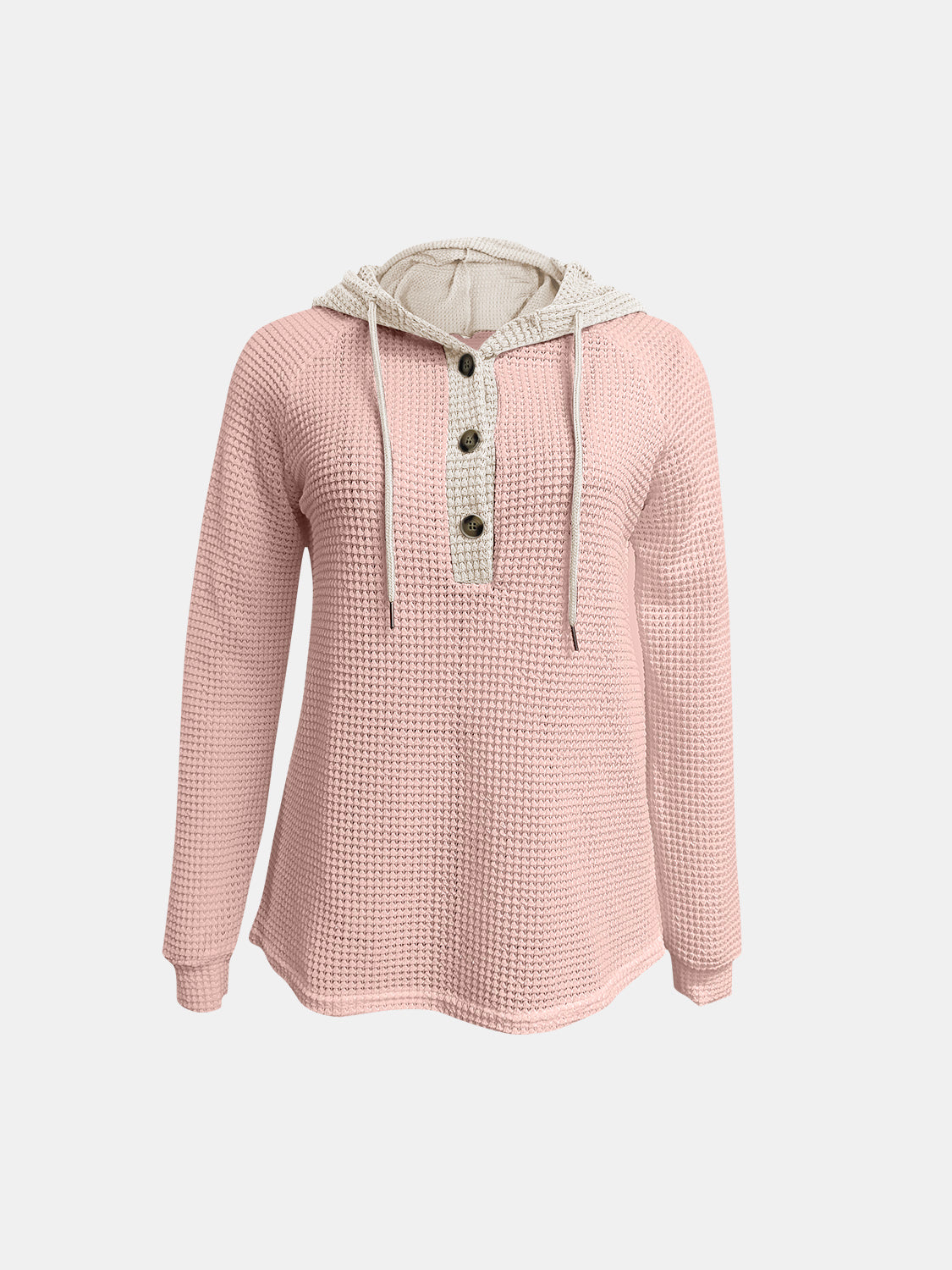 Women's Waffle-Knit Contrast Long Sleeve Hoodie with Buttons - Image 21