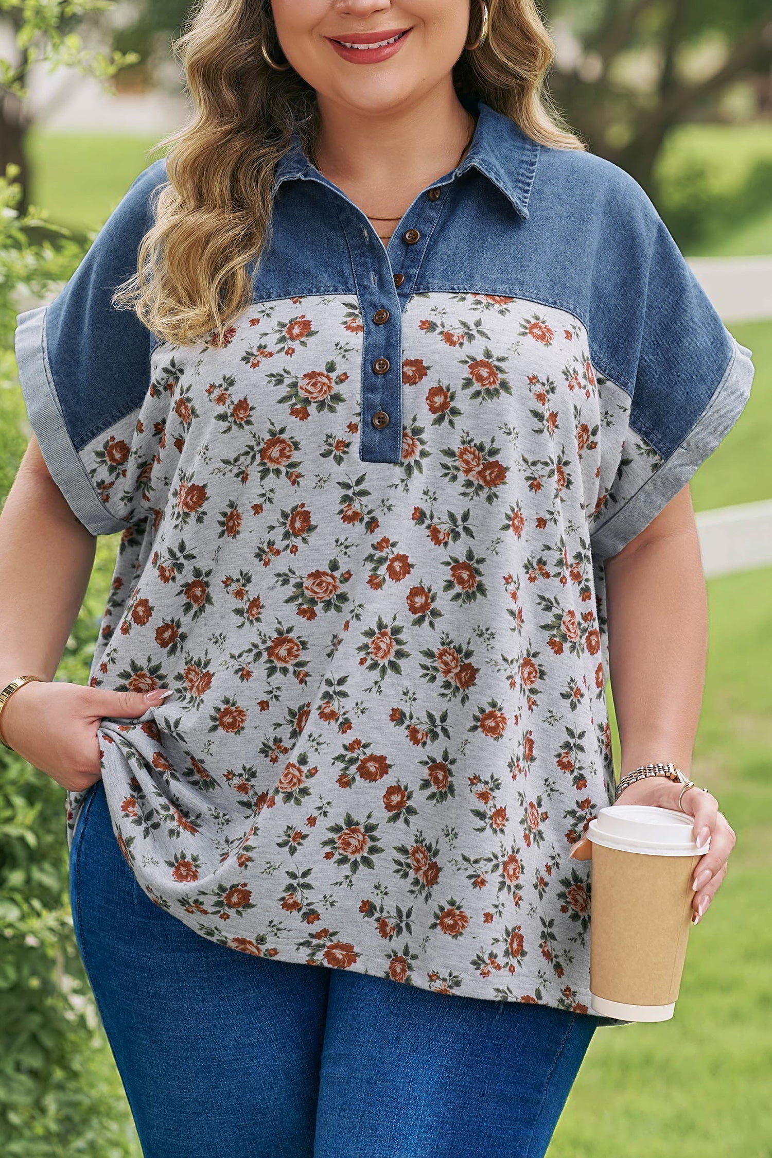 Karla Patchwork Polo Tee with Floral Print in Blue and Grey