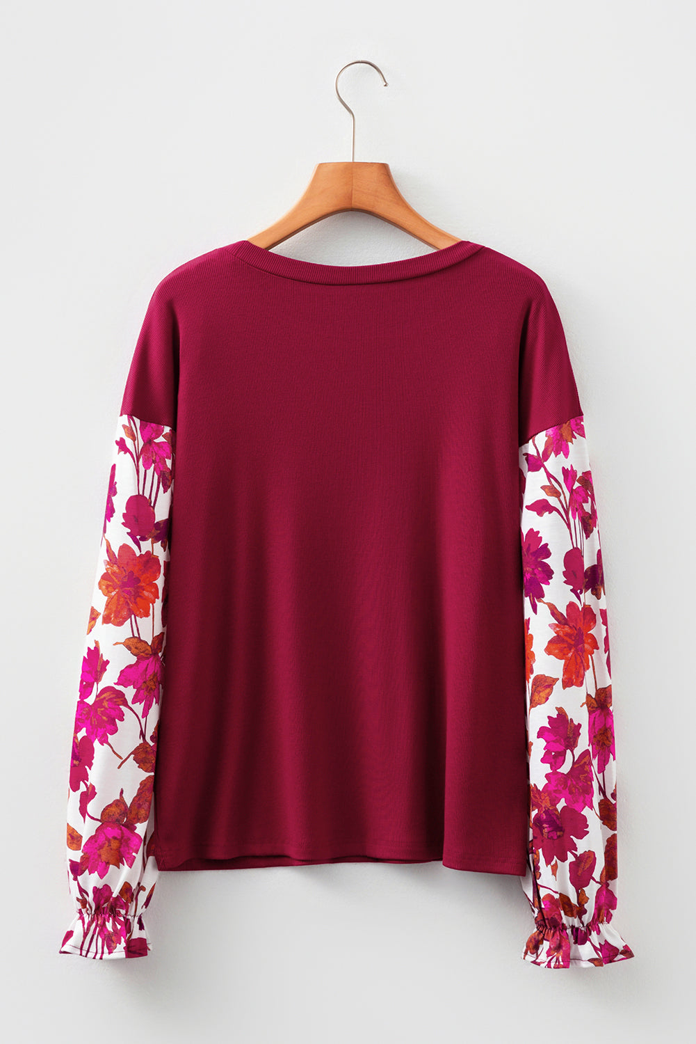 Wild Ginger Contrast Floral Sleeve Solid Ribbed Long Sleeve Top