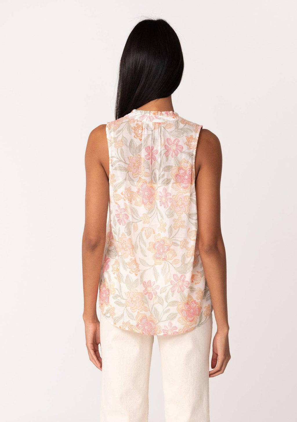 Sheer Floral Button Front Ruffle Neck Tank in Natural and Coral