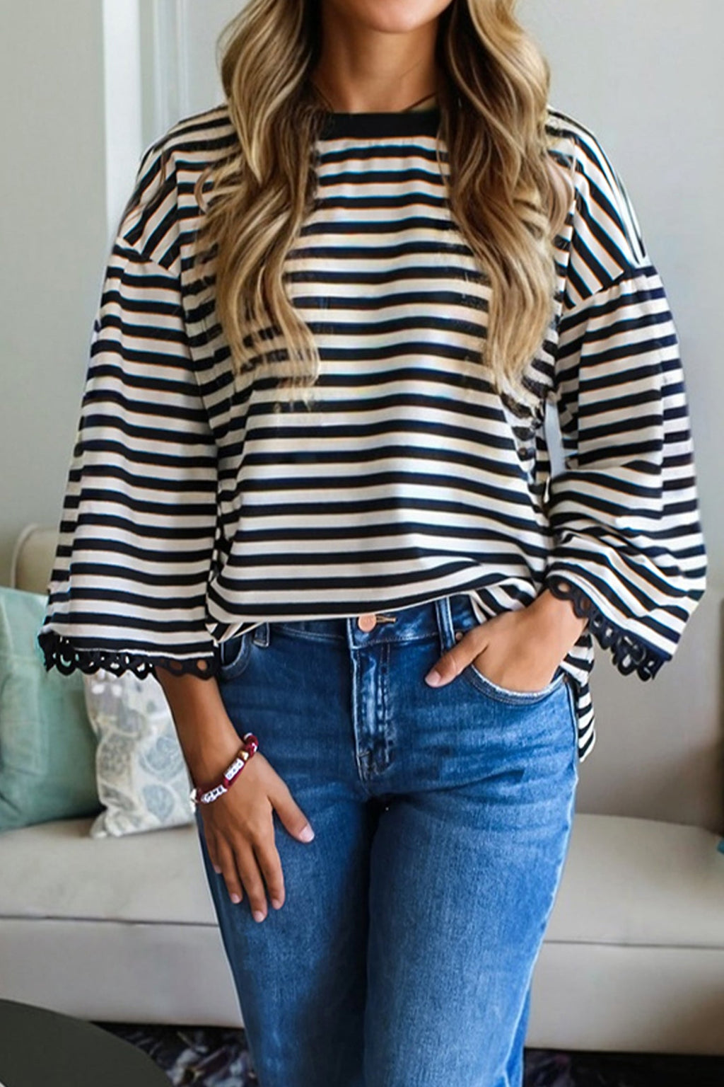 Stripe Lace Trim 3/4 Sleeve Top