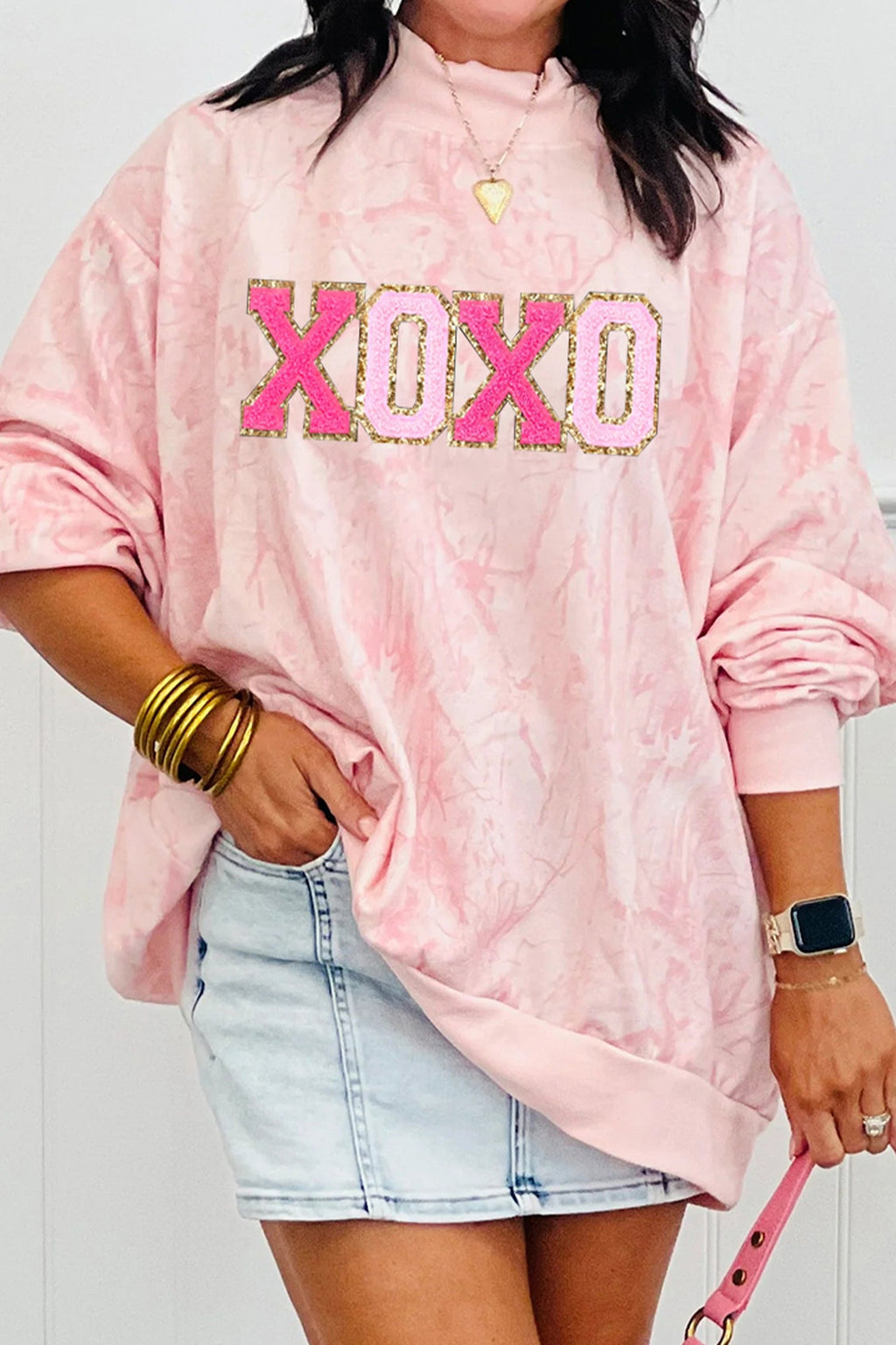 Pink XOXO Glitter Chenille Tie Dye Mock Neck Sweatshirt