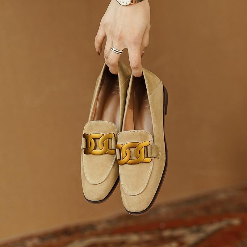 Women's Navy Suede Loafers with Retro Metal Buckle Detail - Image 4