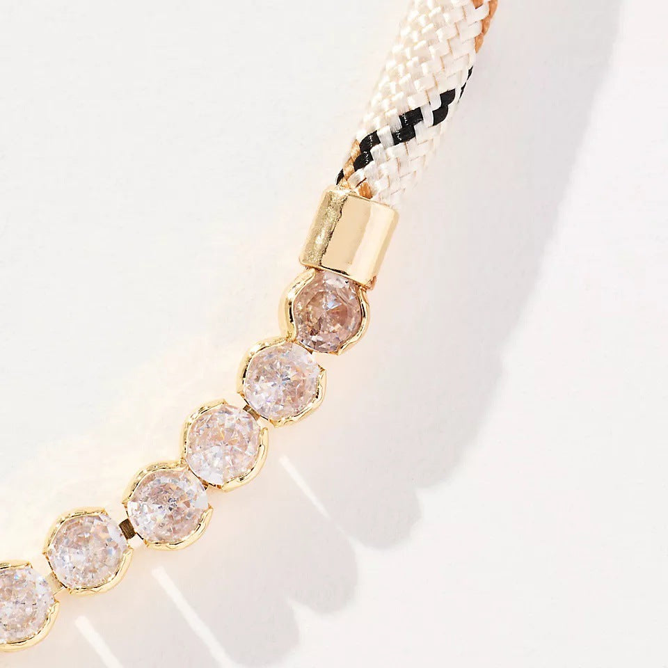 Off-white Brown-striped Woven Necklace with Diamond-encrusted Chain