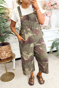 Green camouflage print denim jumpsuit with leopard detailing and cropped legs