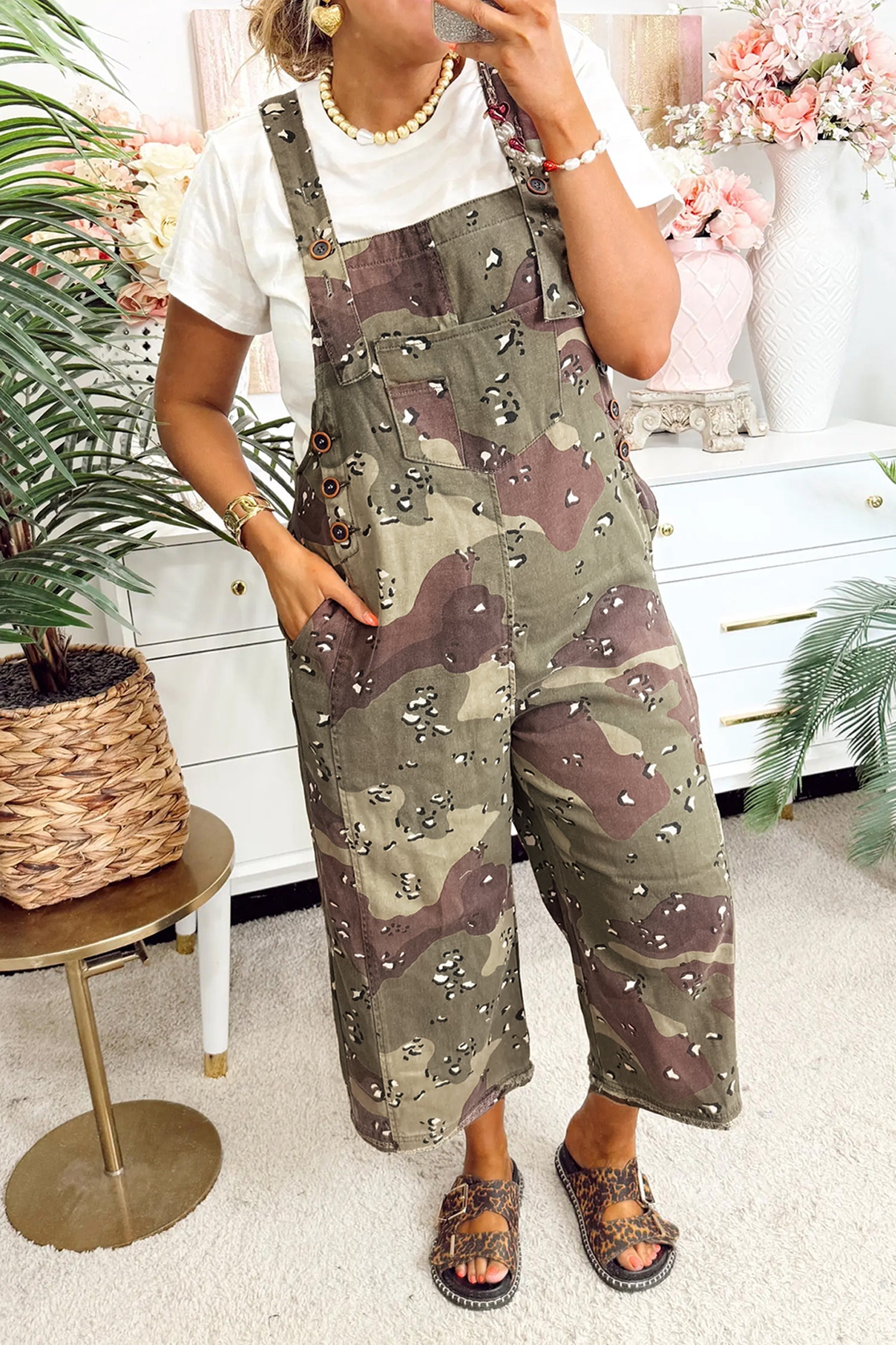 Green camouflage print denim jumpsuit with leopard detailing and cropped legs