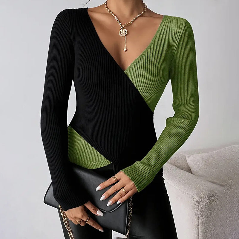 Women's V-Neck Cross Front Color Block Knit Sweater