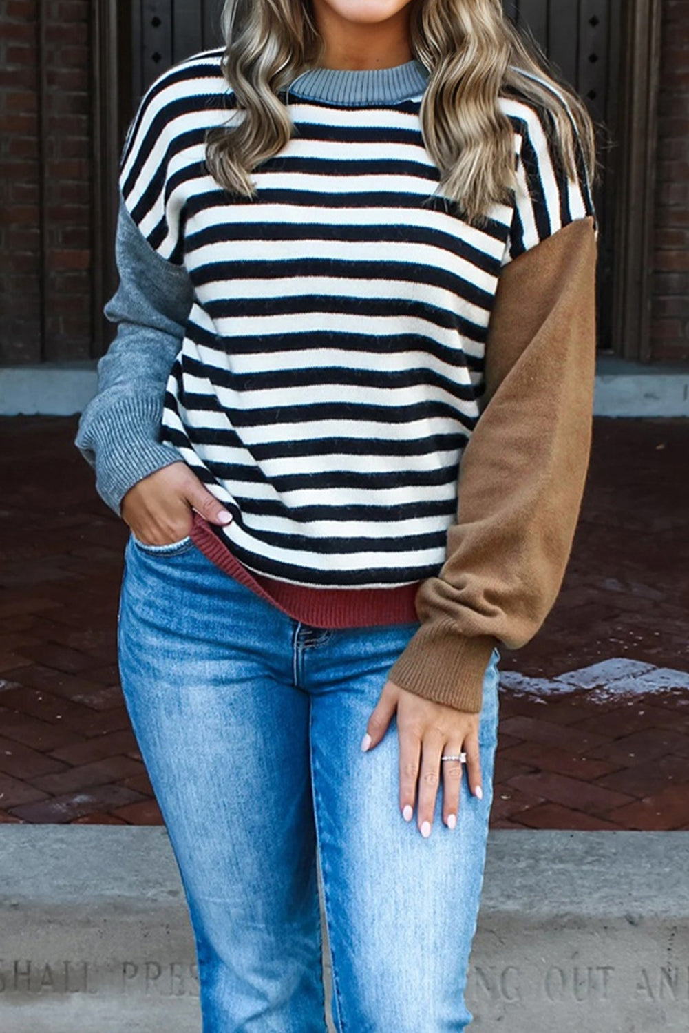 Stripe Colorblock Sleeve Ribbed Trim Sweater