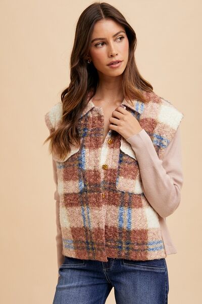 Girls Brown Faux Fur Plaid Button-Up Jacket Soft Winter Coat