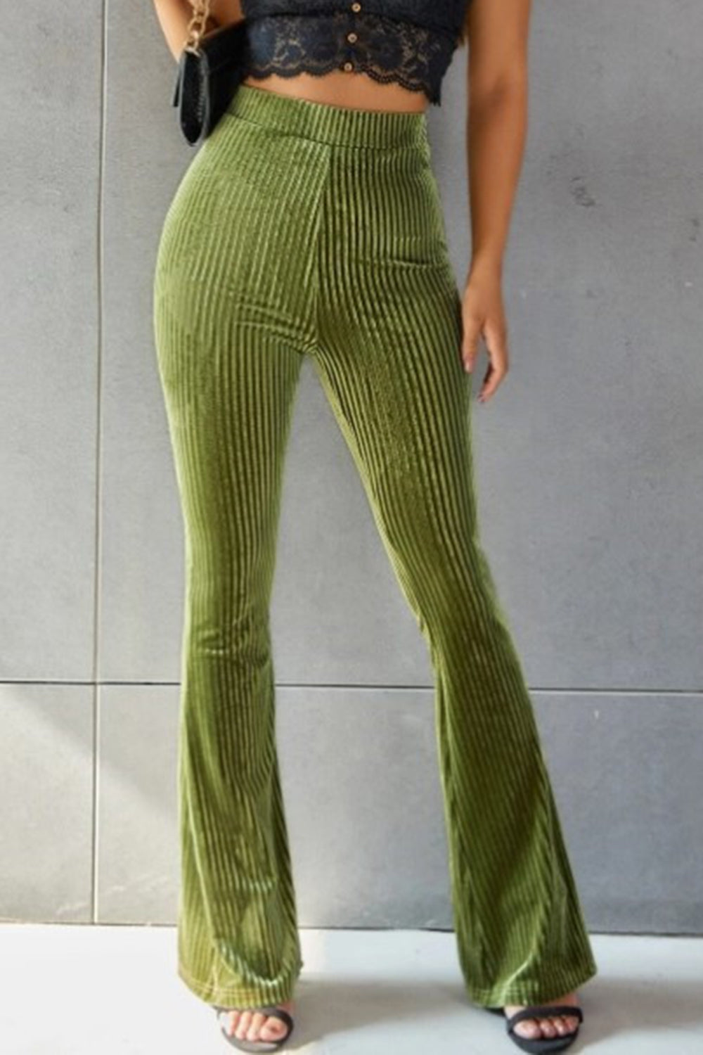 Ribbed High Waist Flare Pants in Grey Velvet