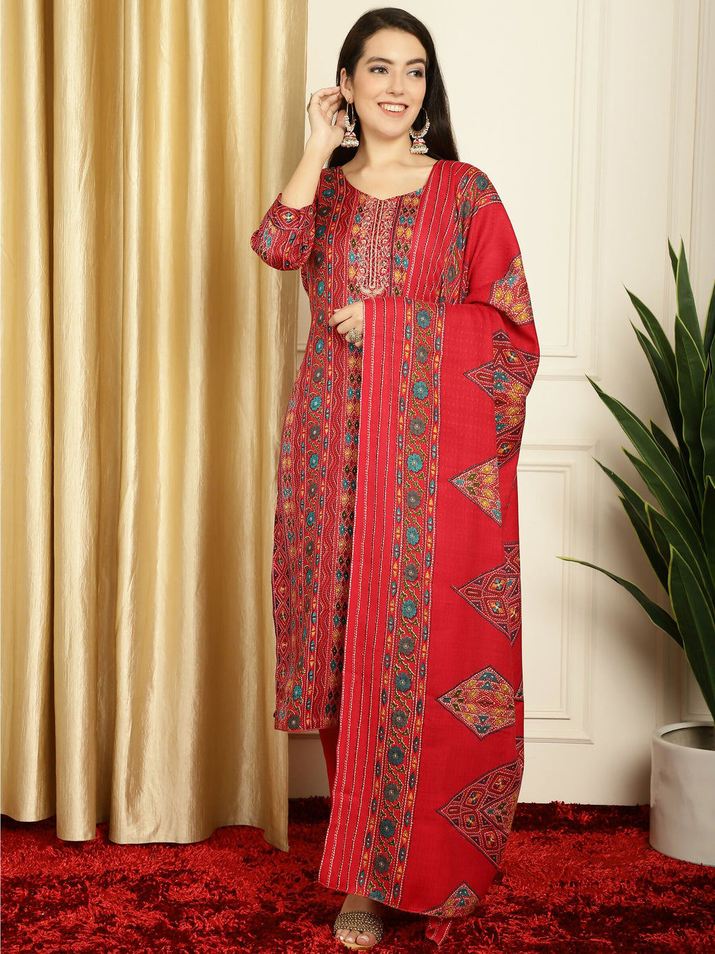 Women's Red Pashmina Floral Digital Printed Kurta Trouser Dupatta Set
