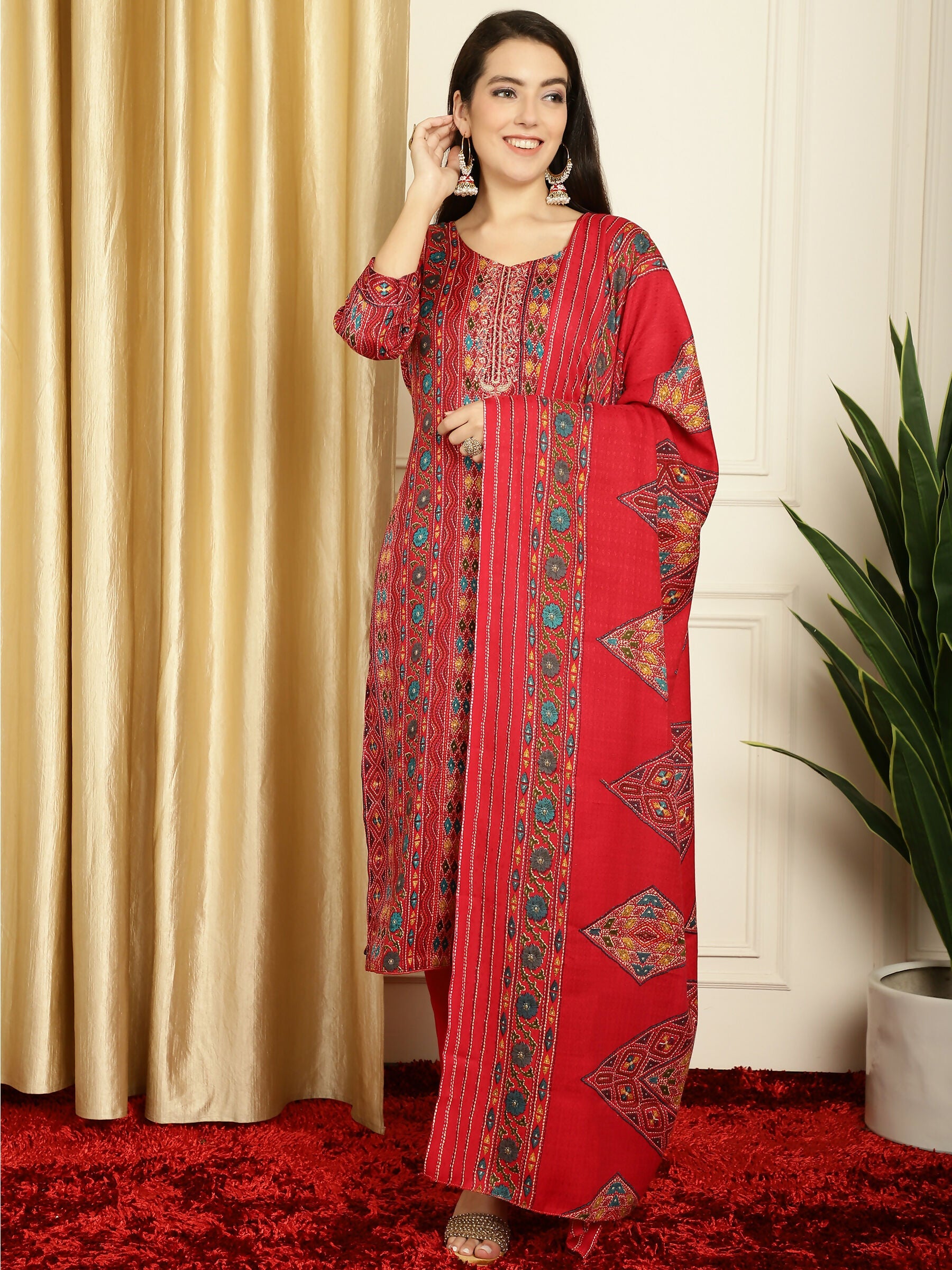 Women's Red Pashmina Floral Digital Printed Kurta Trouser Dupatta Set
