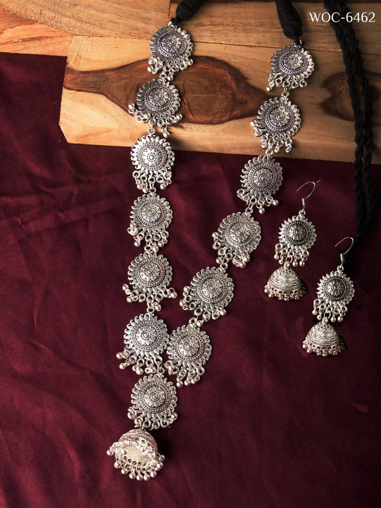 Johar Kamal Oxidised Silver Long Necklace Set for Traditional Wear