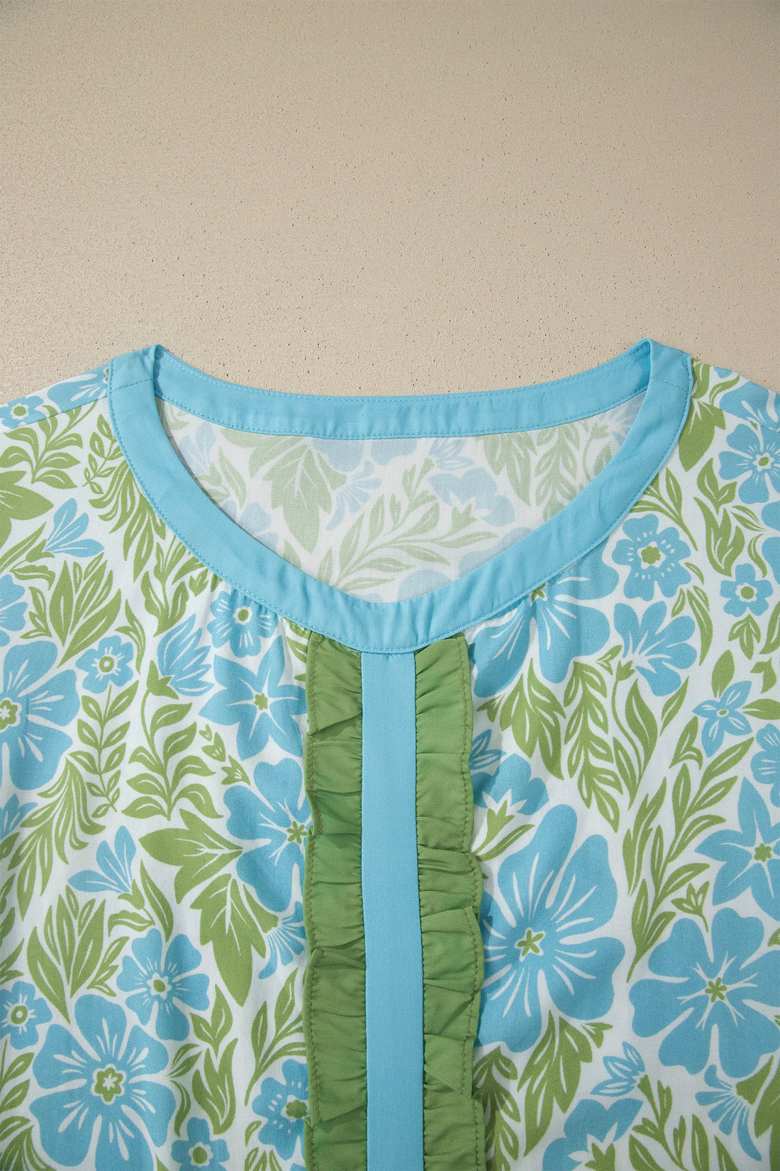 Waverly Floral Half Sleeve Blouse with Trim in Blue & Green