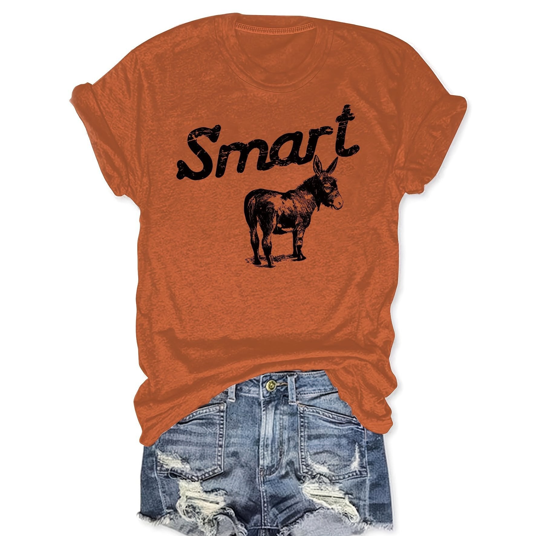 Women's Round Neck Short Sleeve T-Shirt Grey Donkey Graphic Tee