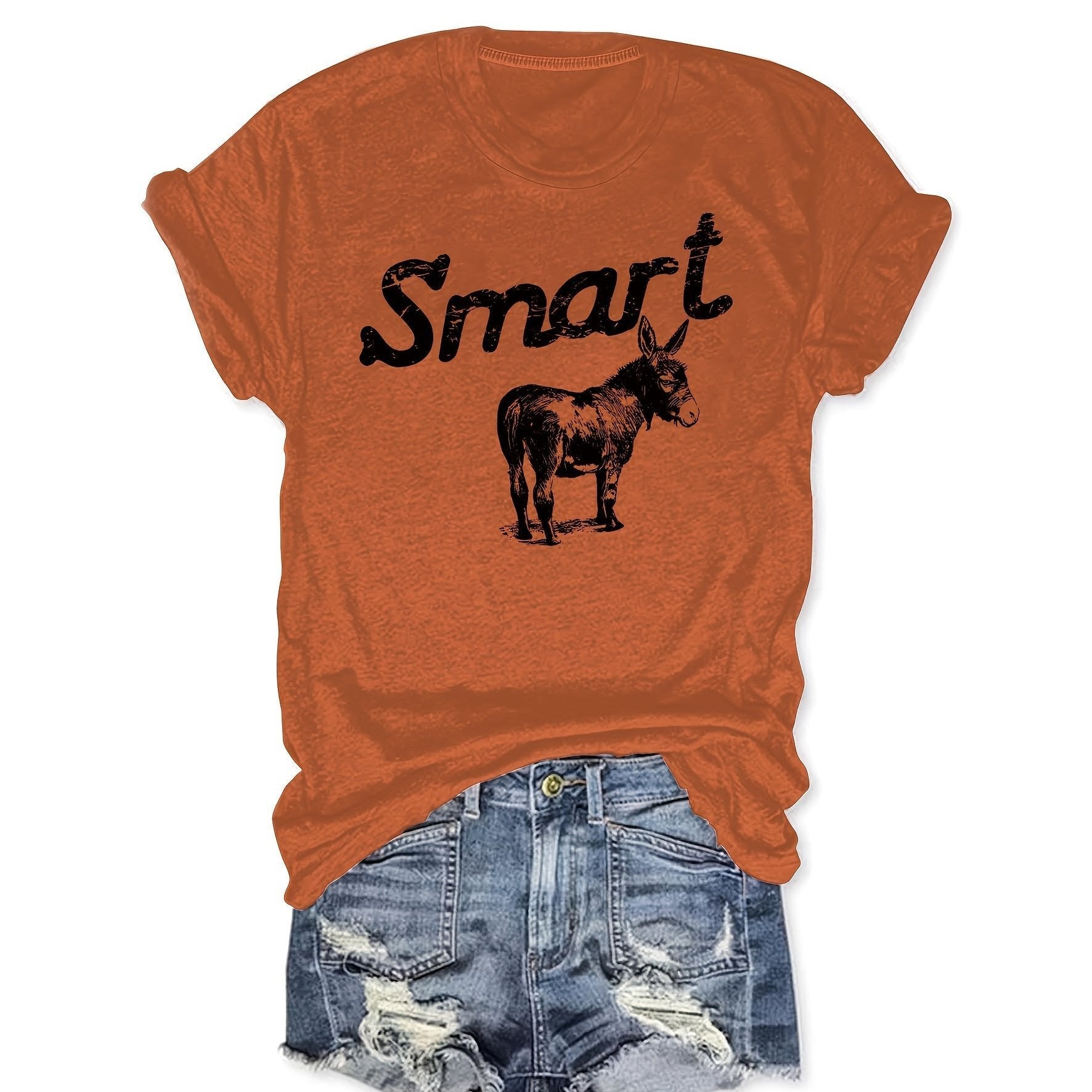 Women's Round Neck Short Sleeve T-Shirt Grey Donkey Graphic Tee