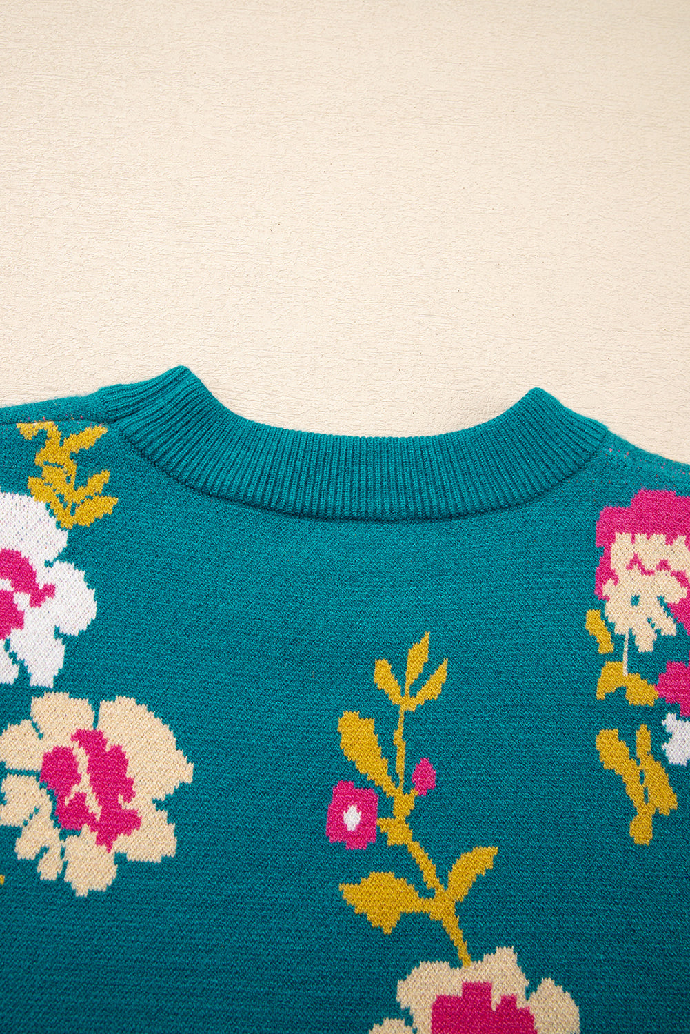 Blue Flower Pattern Mock Neck Short Sleeve Knit Tee
