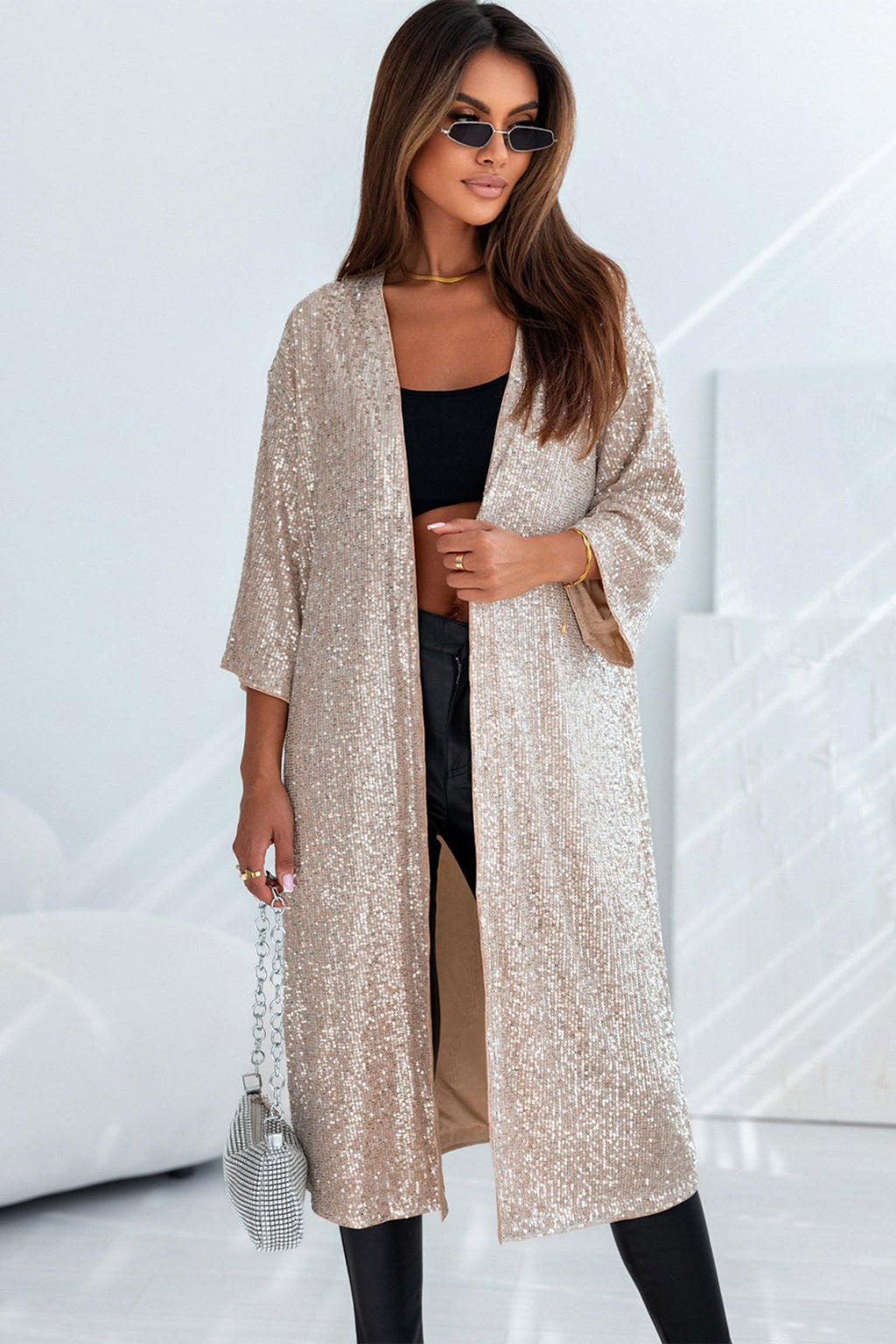 Sequin Open Front Duster Cardigan | Sheer Sparkle