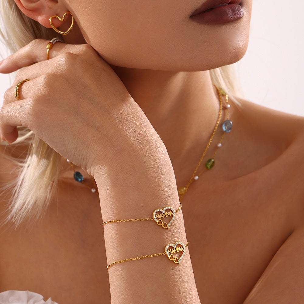 18K gold hollow heart with letter MAMMA design light luxury noble bracelet