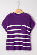 Stripe Patch Pocket Short Sleeve Knit Sweater