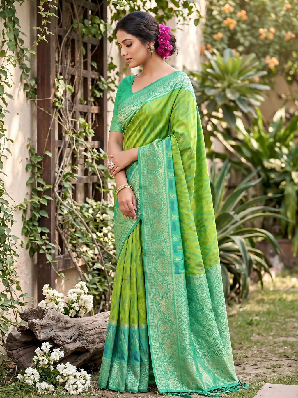 Rama Green Soft Silk Saree with Matching Blouse Piece