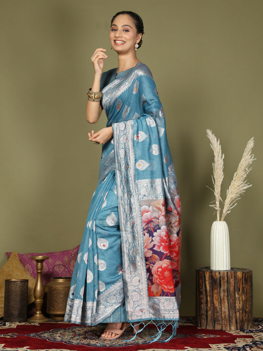 Sky Blue Linen Cotton Saree with Matching Blouse