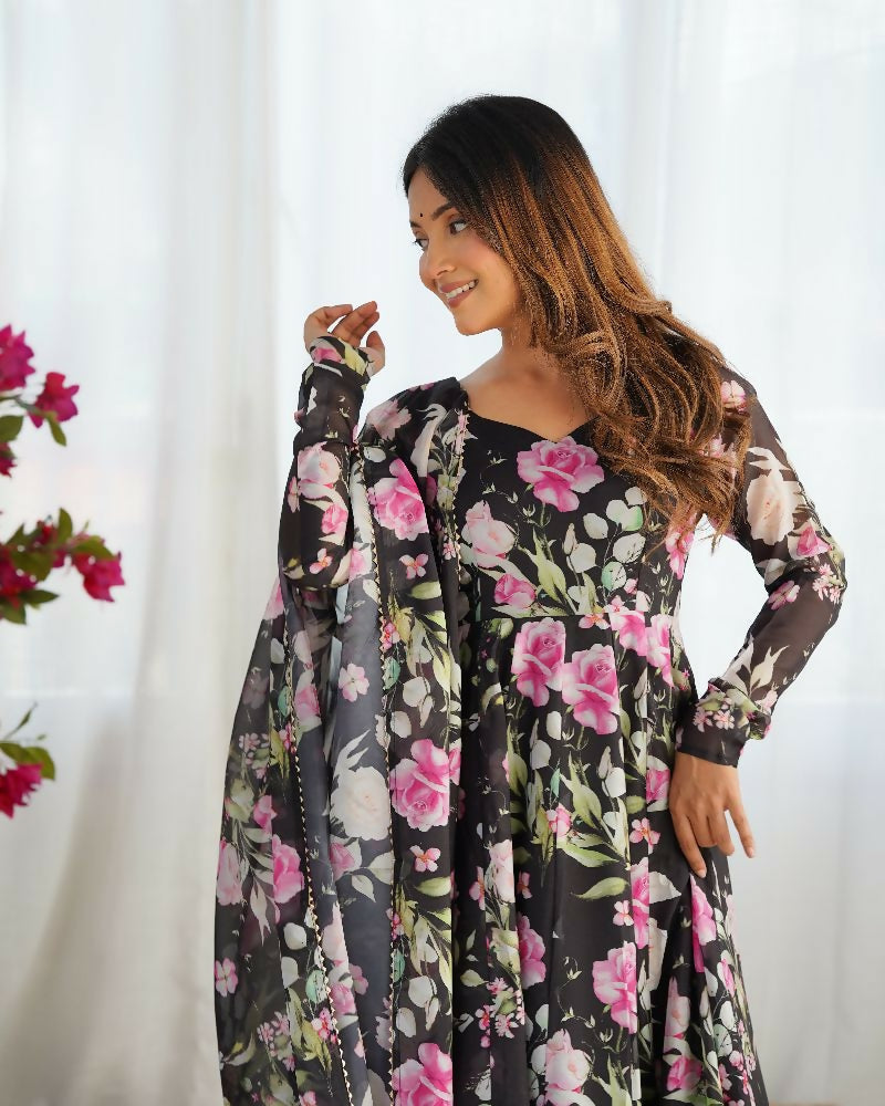 Black Organza Kurta Set with Sequin Embroidery and Cotton Bottom