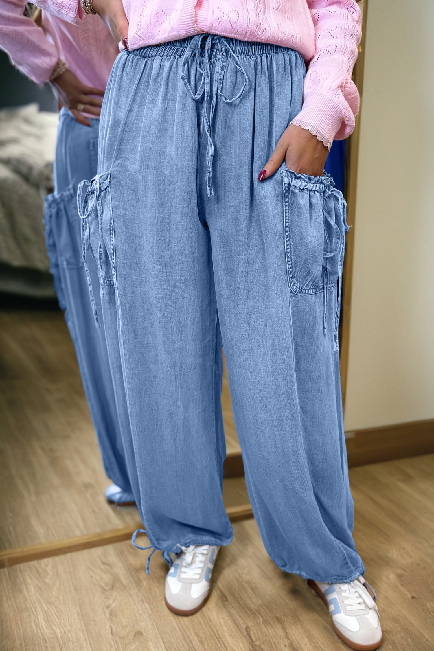 Women's Light Blue Drawstring Denim Pants Relaxed Streetwear