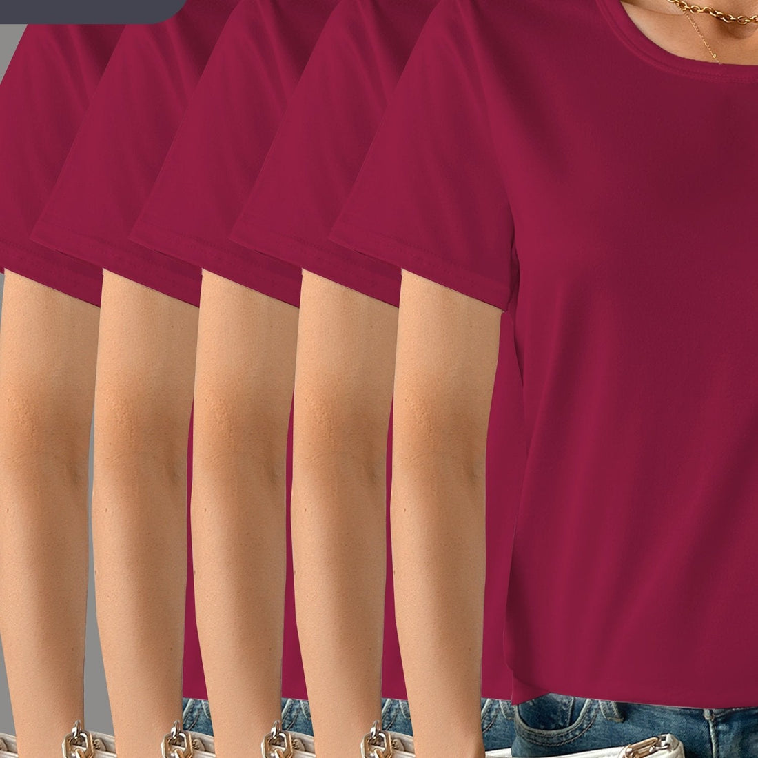 Womens 5 Pack Soft Stretch Casual Round Neck T-Shirts - Image 15