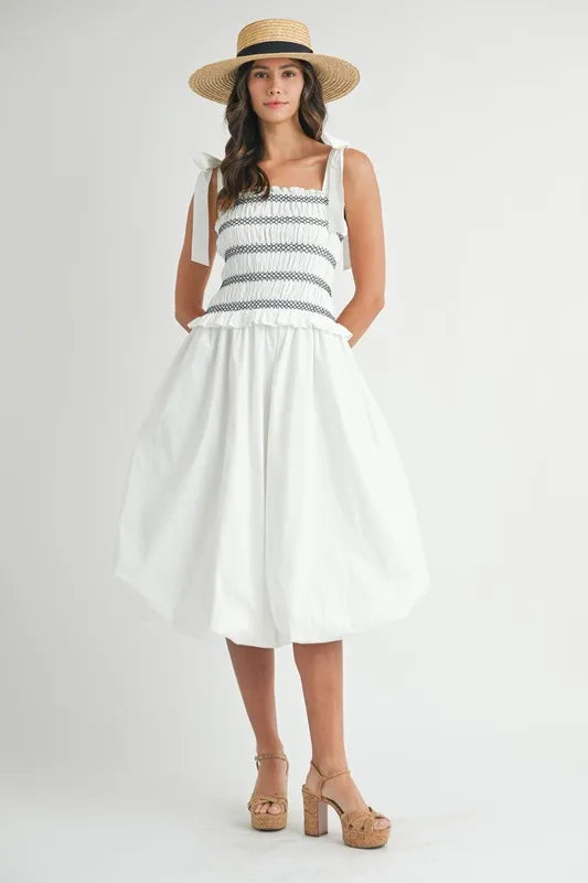 Smocked Bodice Bubble Midi Dress For Women – Stylish Smocked Bodice, Playful Bubble Skirt, Trendy Midi Dress, Chic Casual Look for Summer Outings